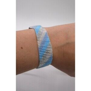Loom Beaded Bracelet Blues & Silver w/ Vegan Leather